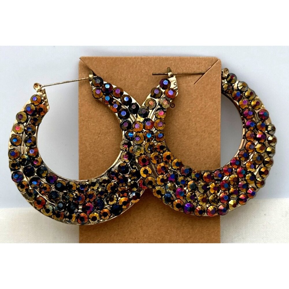 Vintage Gold-Tone Hoop Earrings With Multicolor Rhinestones & Embossed Detailing